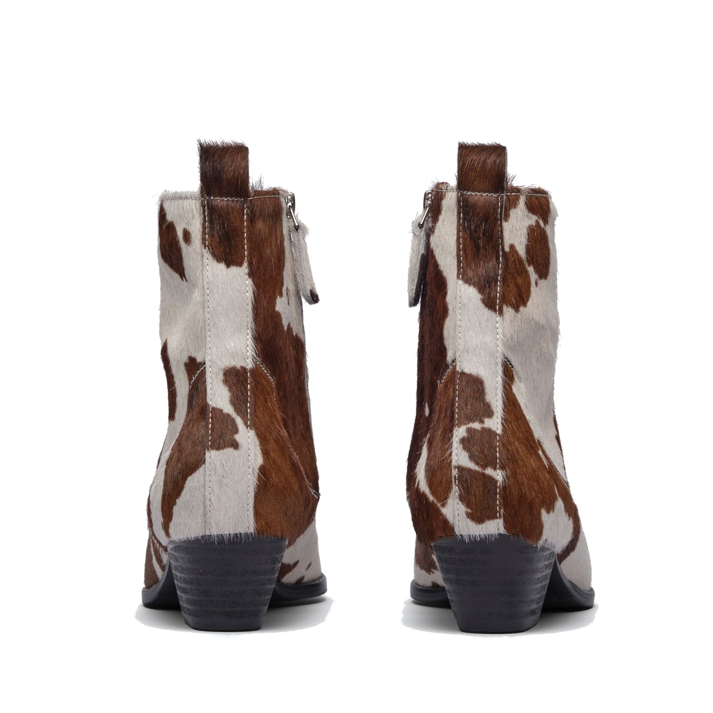 Cow Print Pony Hair Vegan Leather Pointed-Toe Full-Zip Ankle Cowgirl Boots