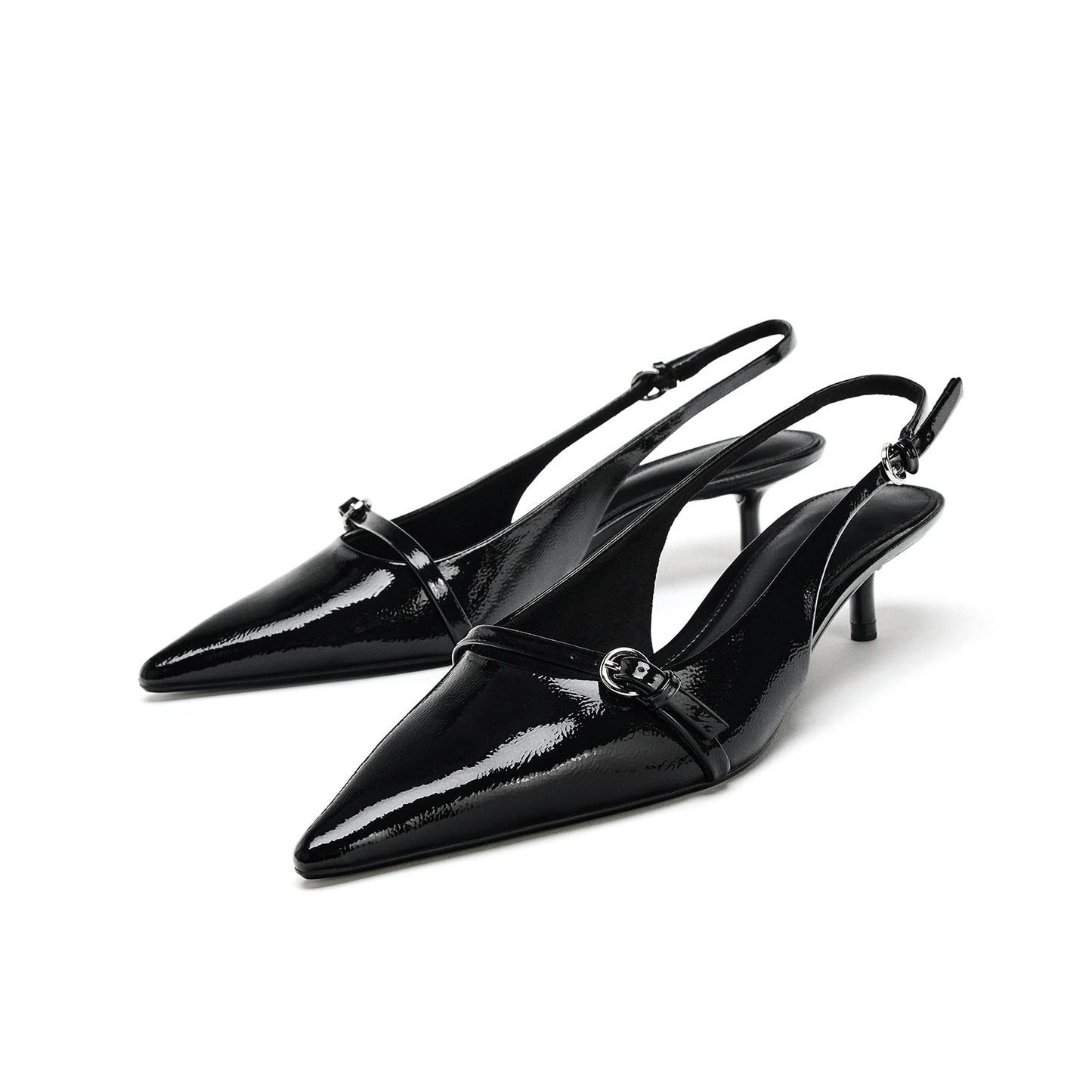 Patent Black Pointed-Toe Front Strap Slingback Kitten Heels