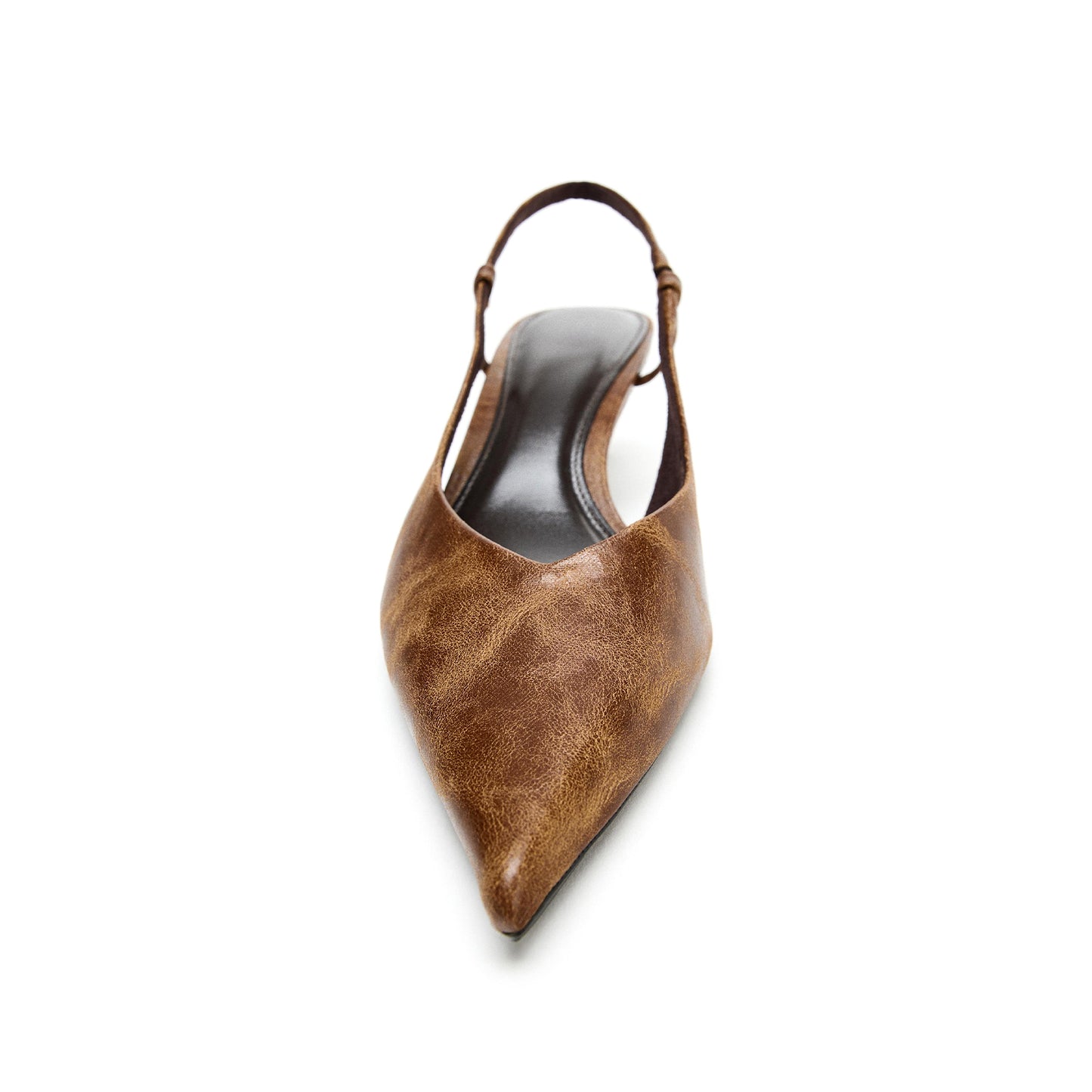Distressed Brown Pointed-Toe Slingback Kitten Heels