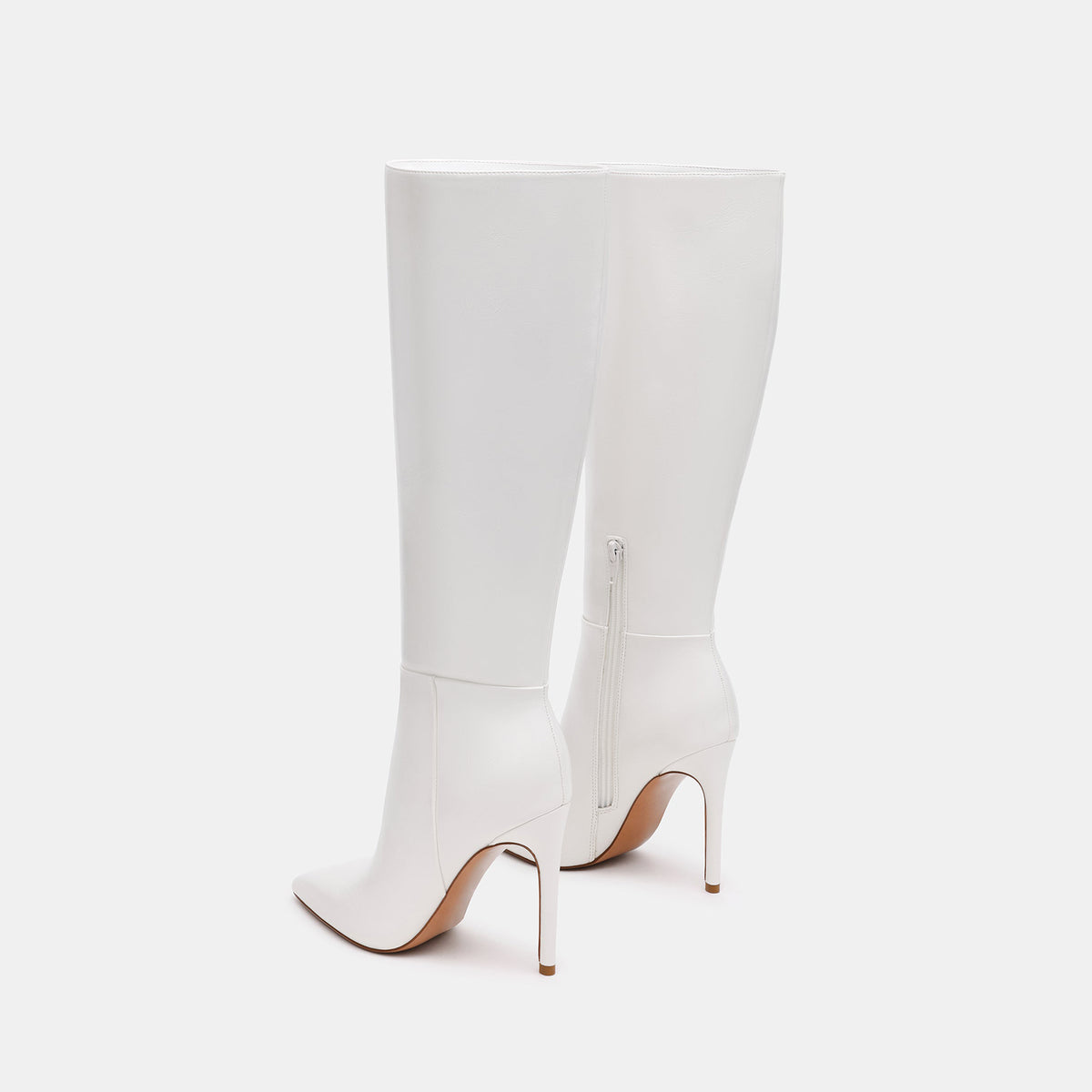White Vegan Leather Pointed-Toe Simple Half-Zip Knee High Stiletto Boots