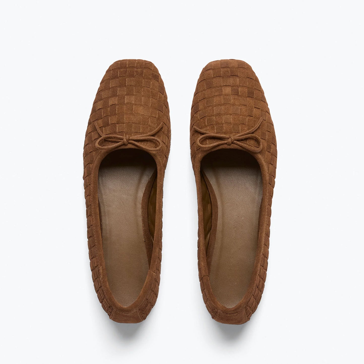 Coffee Woven Faux Suede Square-Toe Front Bow Ballet Flats