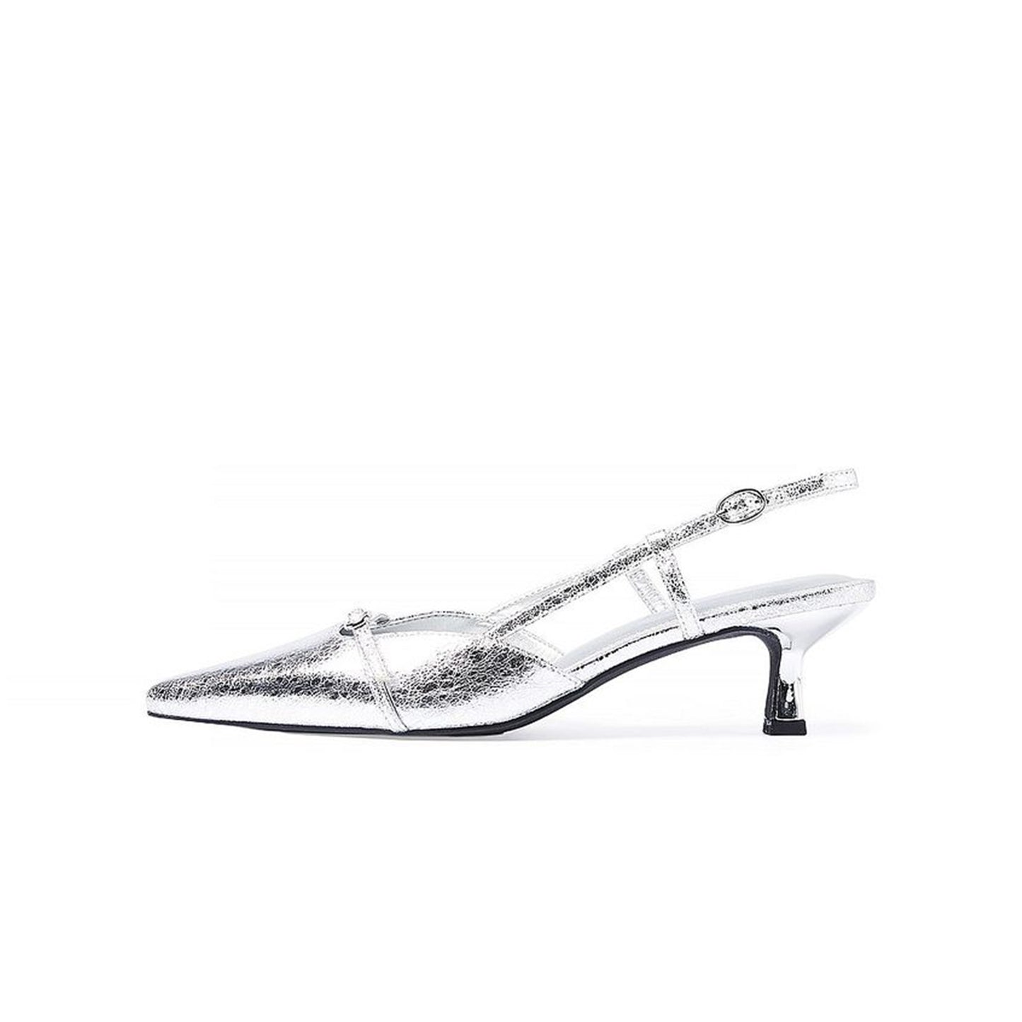 Metallic Silver Pointed-Toe Strappy Slingback Kitten Heels Pumps
