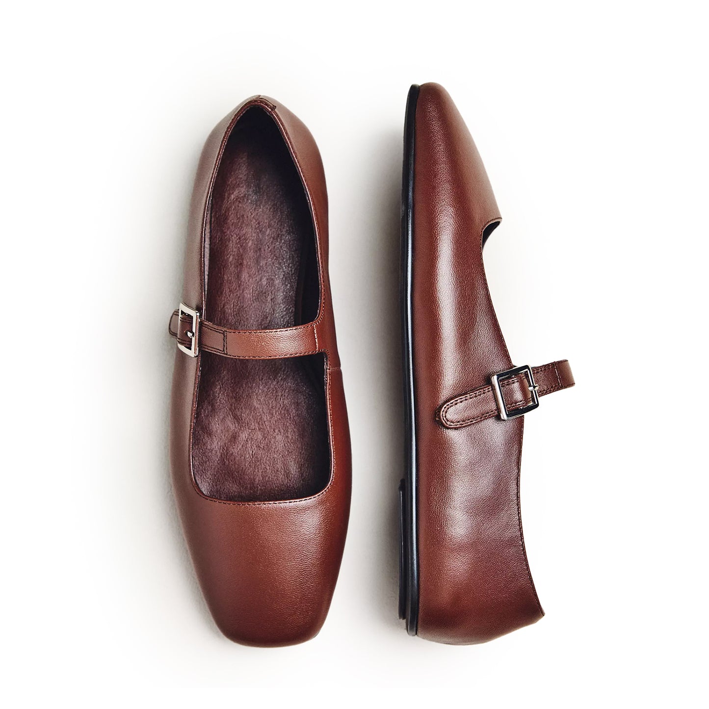 Coffee Square-Toe Bridge Strap Mary Janes Flats