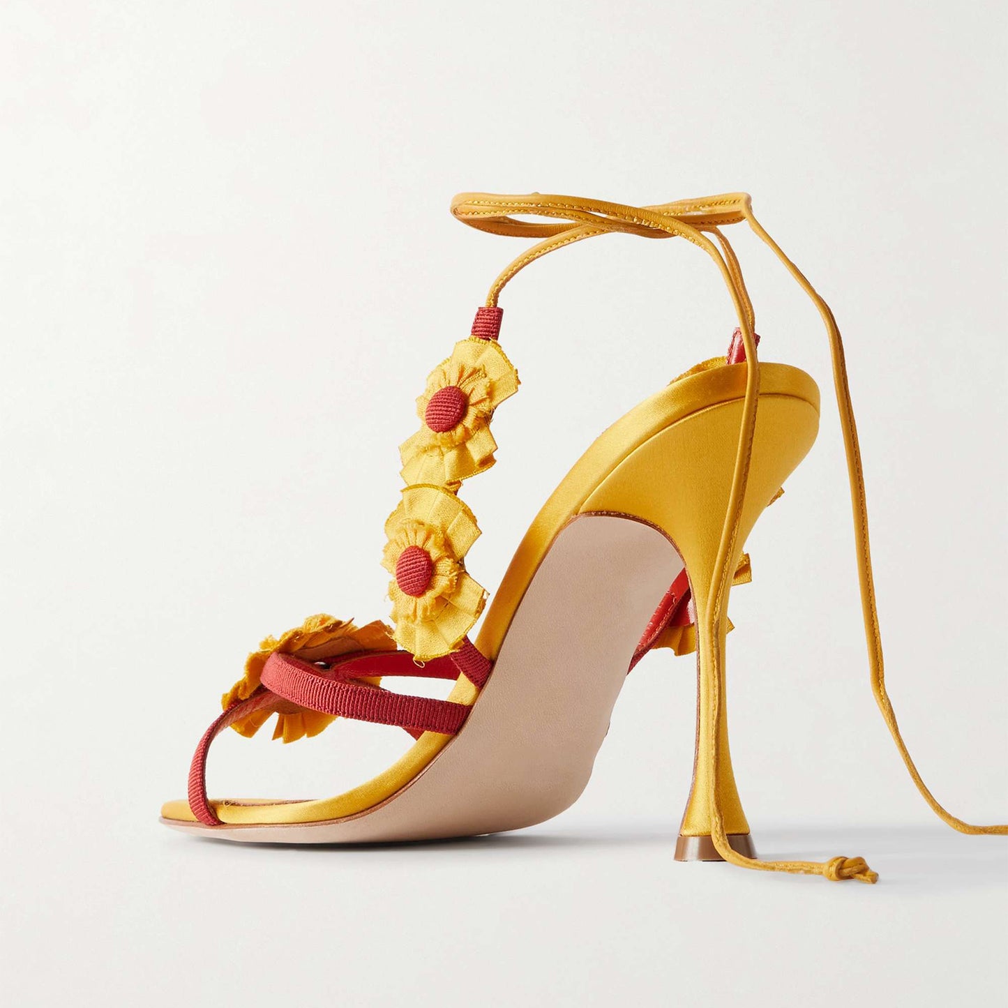 Yellow Satin Round-Toe Strappy With Flowers Detail High Heels
