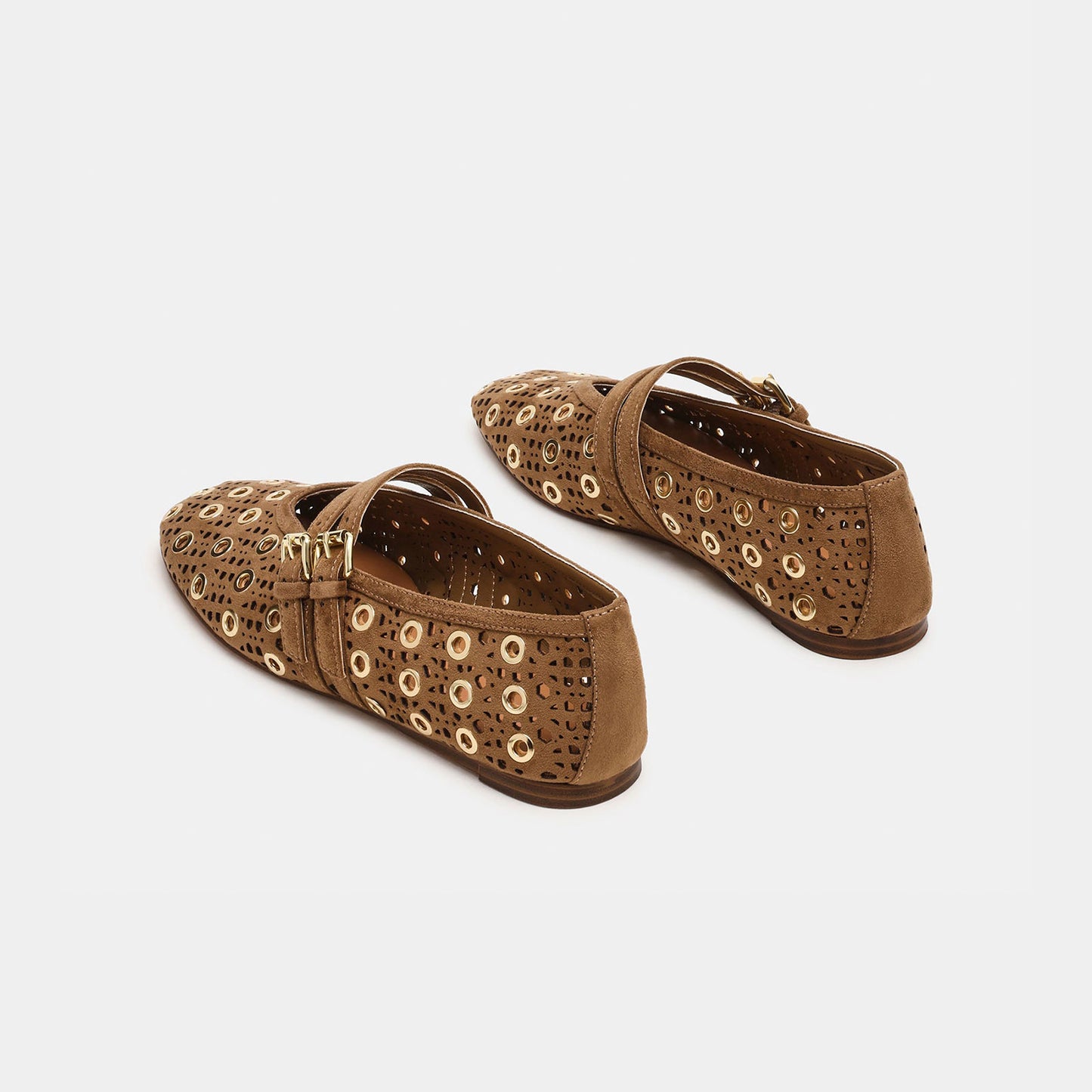 Taupe Faux Suede Square-Toe Cutout And Eyelets Double Mary Jane Flats