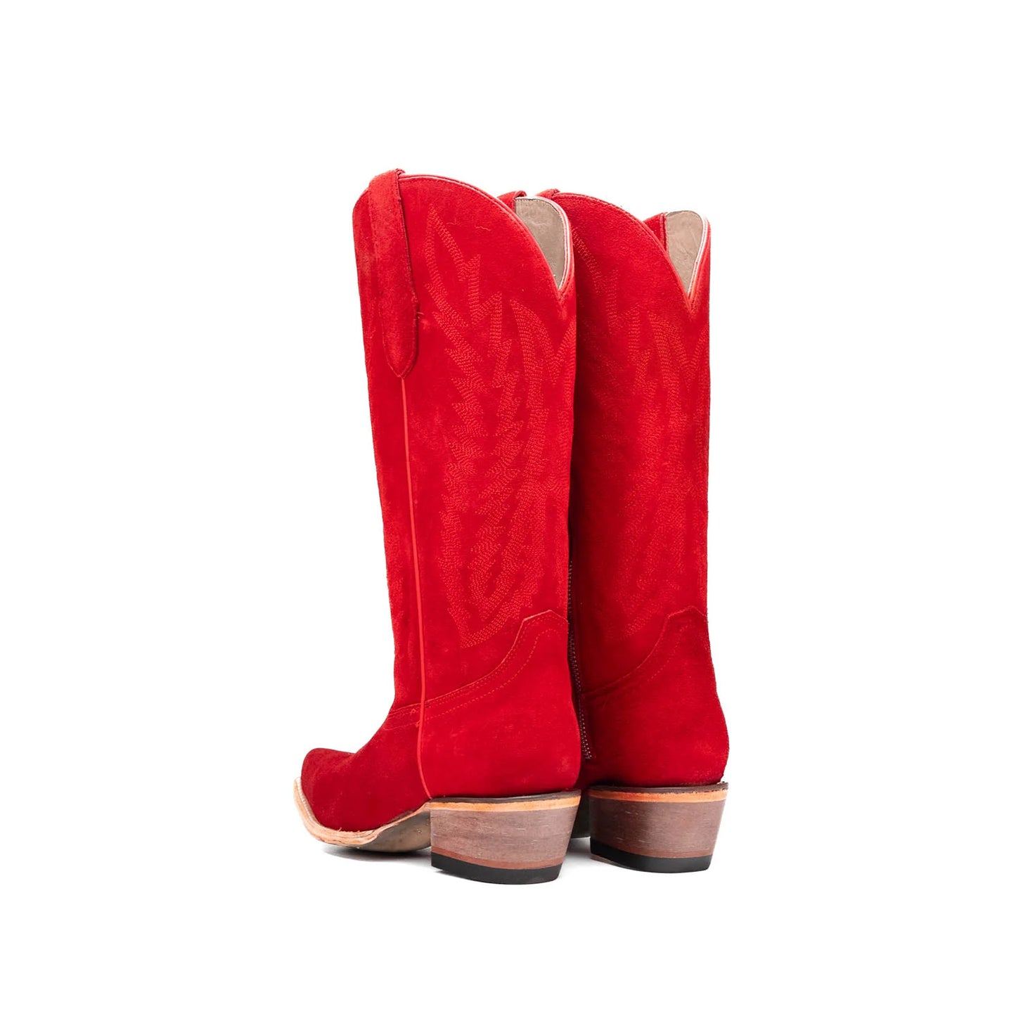 Red Faux Suede Snip-Toe Half-Zip Embroidery Mid Calf Cowgirl Boots