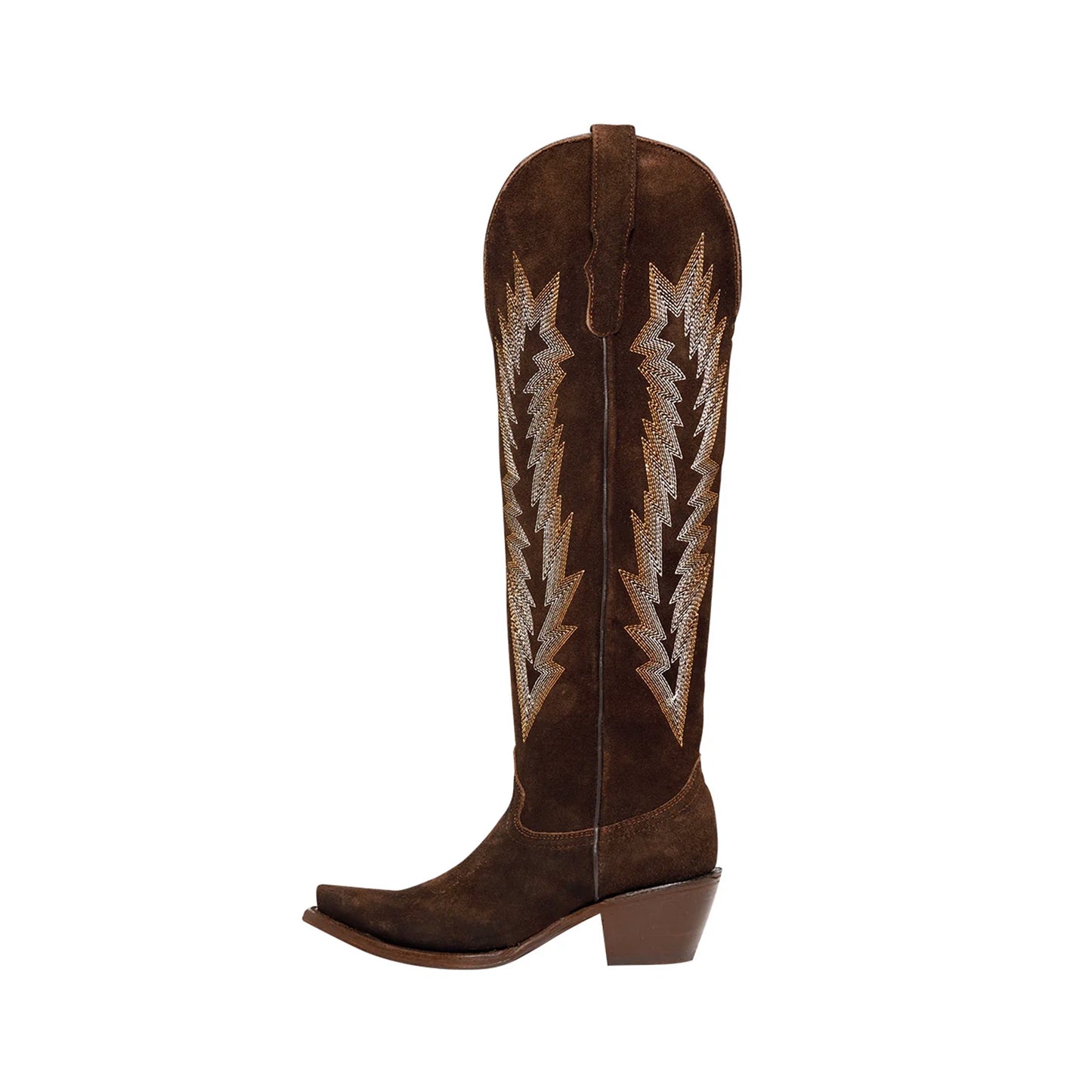 Chocolate Faux Suede Snip-Toe Embroidery Wide Calf Over-The-Knee Cowgirl Boots