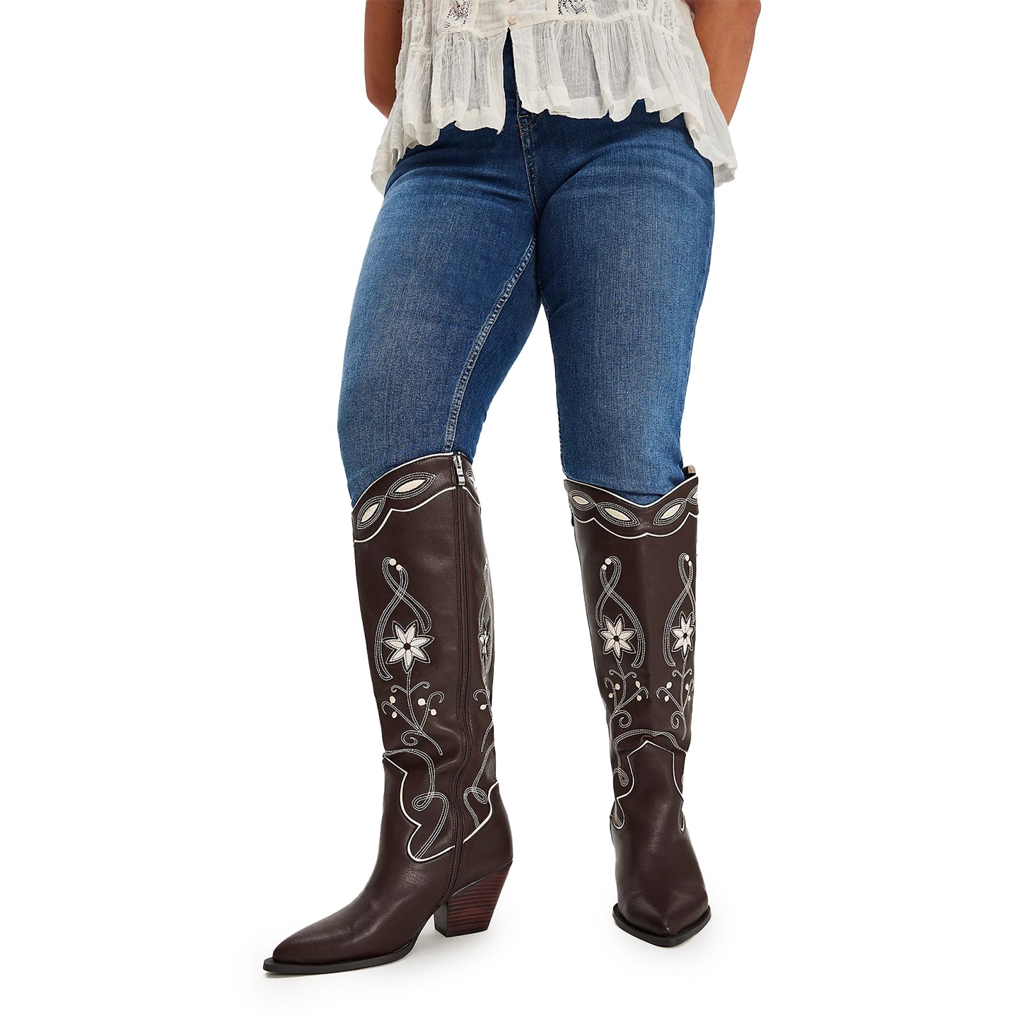 Chocolate Pointed-Toe Ivory Embroidery Flower Inlay Full-Zip Knee High Cowgirl Boots