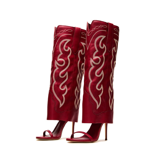 Red Open Round-Toe Fold-Over Embroidery Wide Calf Knee High Stiletto Boots