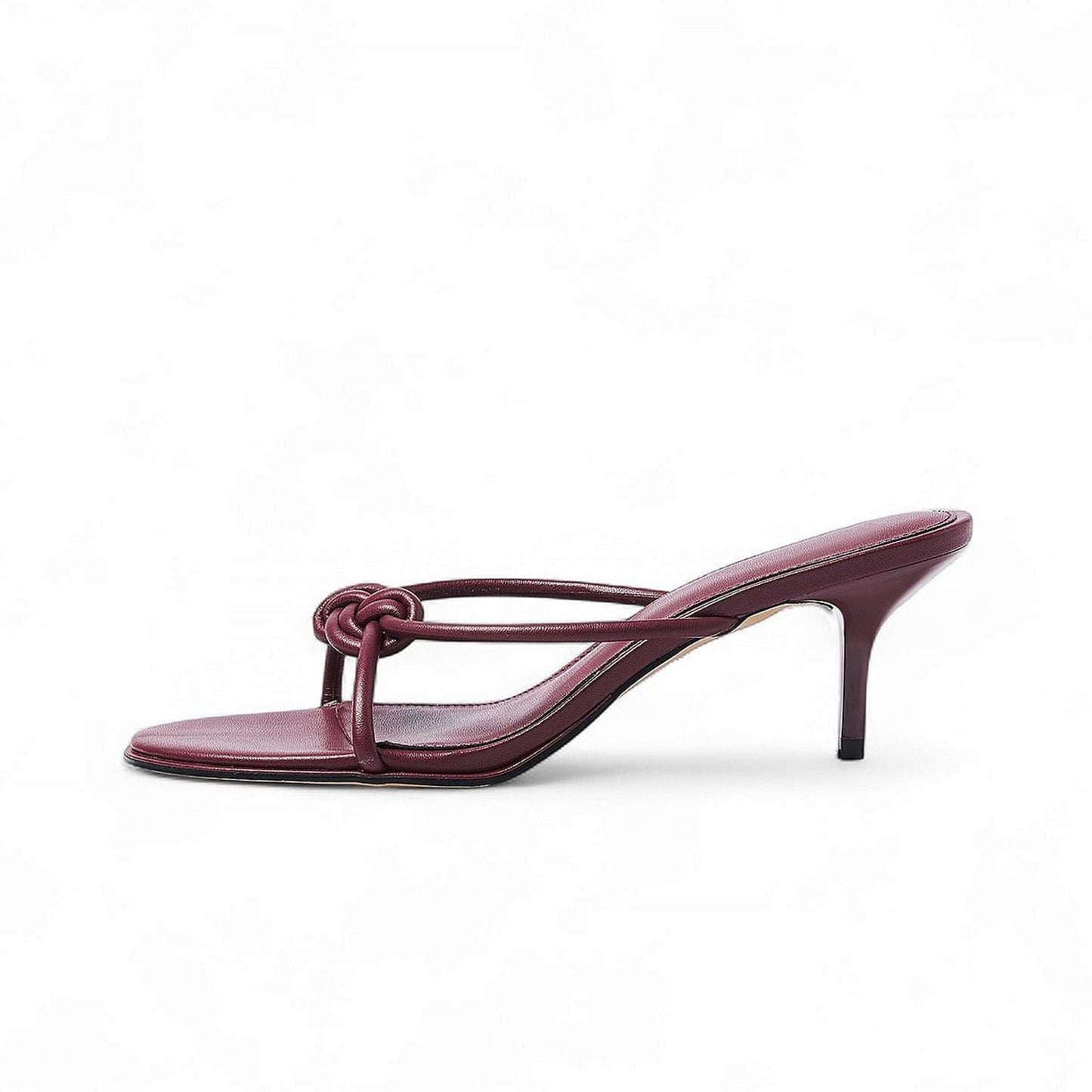 Burgundy Round-Toe Front Knot Straps Backless Kitten Heels