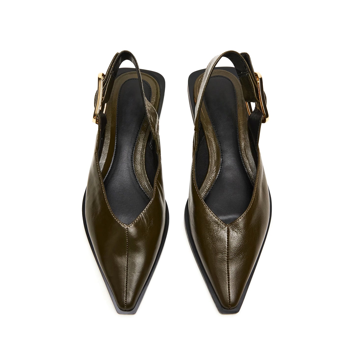 Olive Green Vegan Leather Pointed-Toe Slingback Buckle Flats