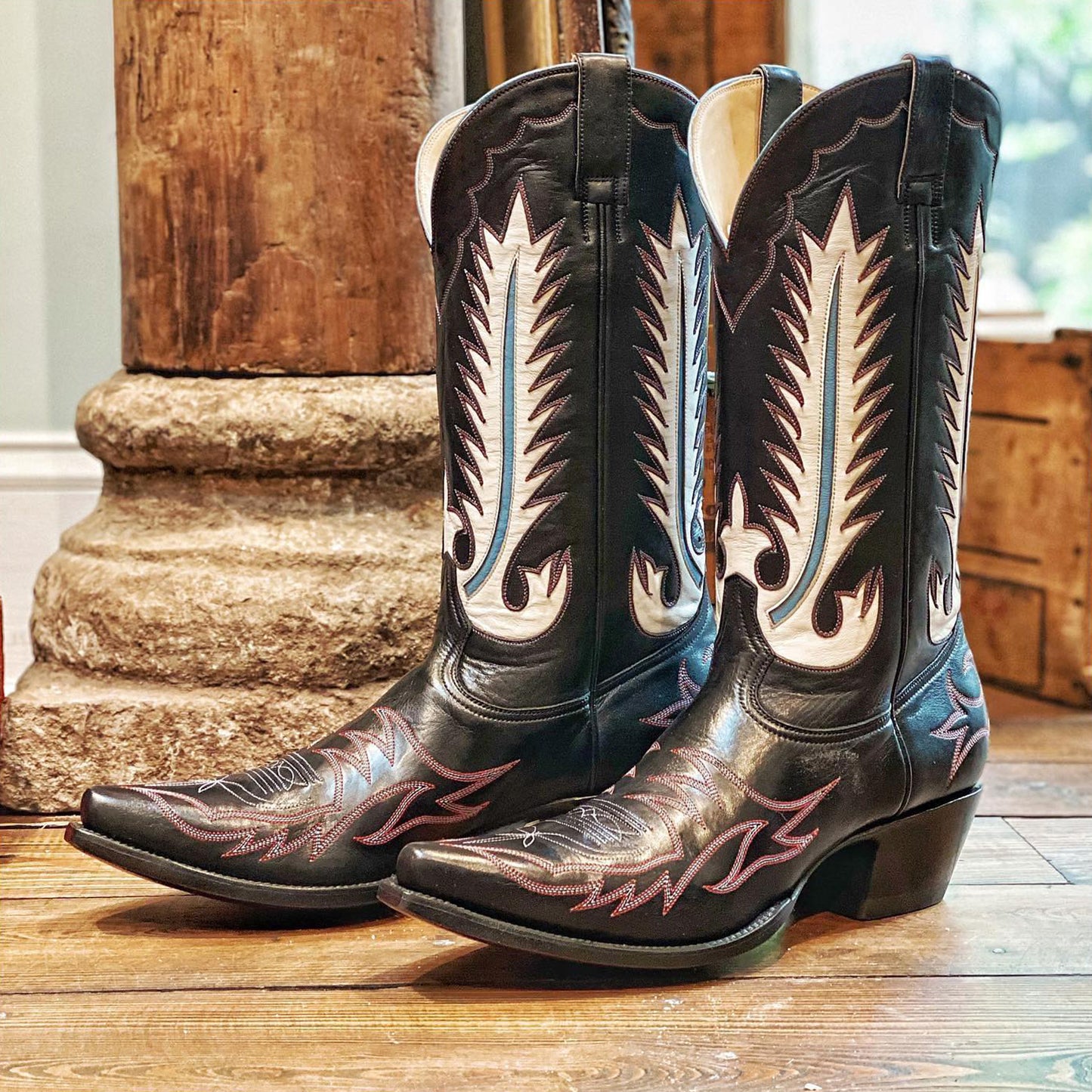 Dark Green Snip-Toe Embroidery And Inlay Mid Calf Cowgirl Boots