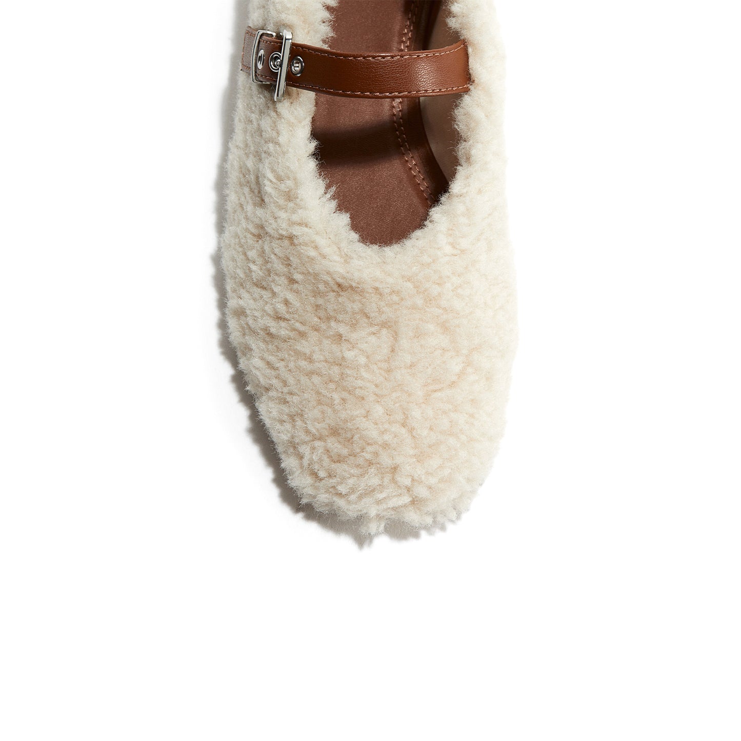 Cream Plush Round-Toe Bridge Strap Flats