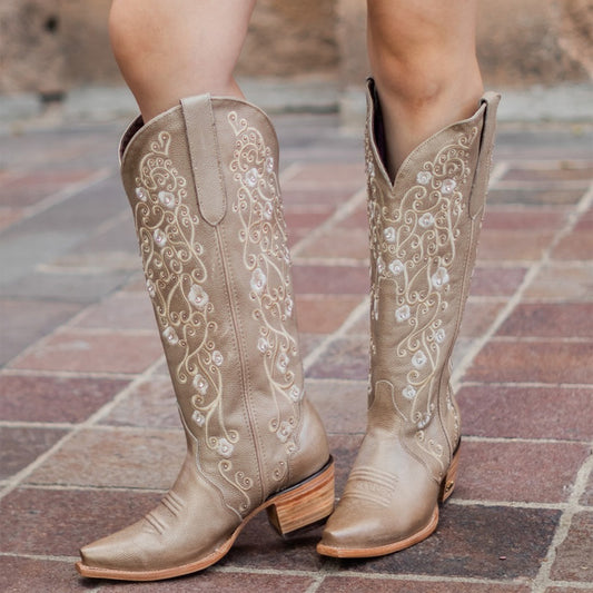Metallic Khaki Snip-Toe Flower Embroidery Rhinestone Studs Wide Calf Knee High Cowgirl Boots