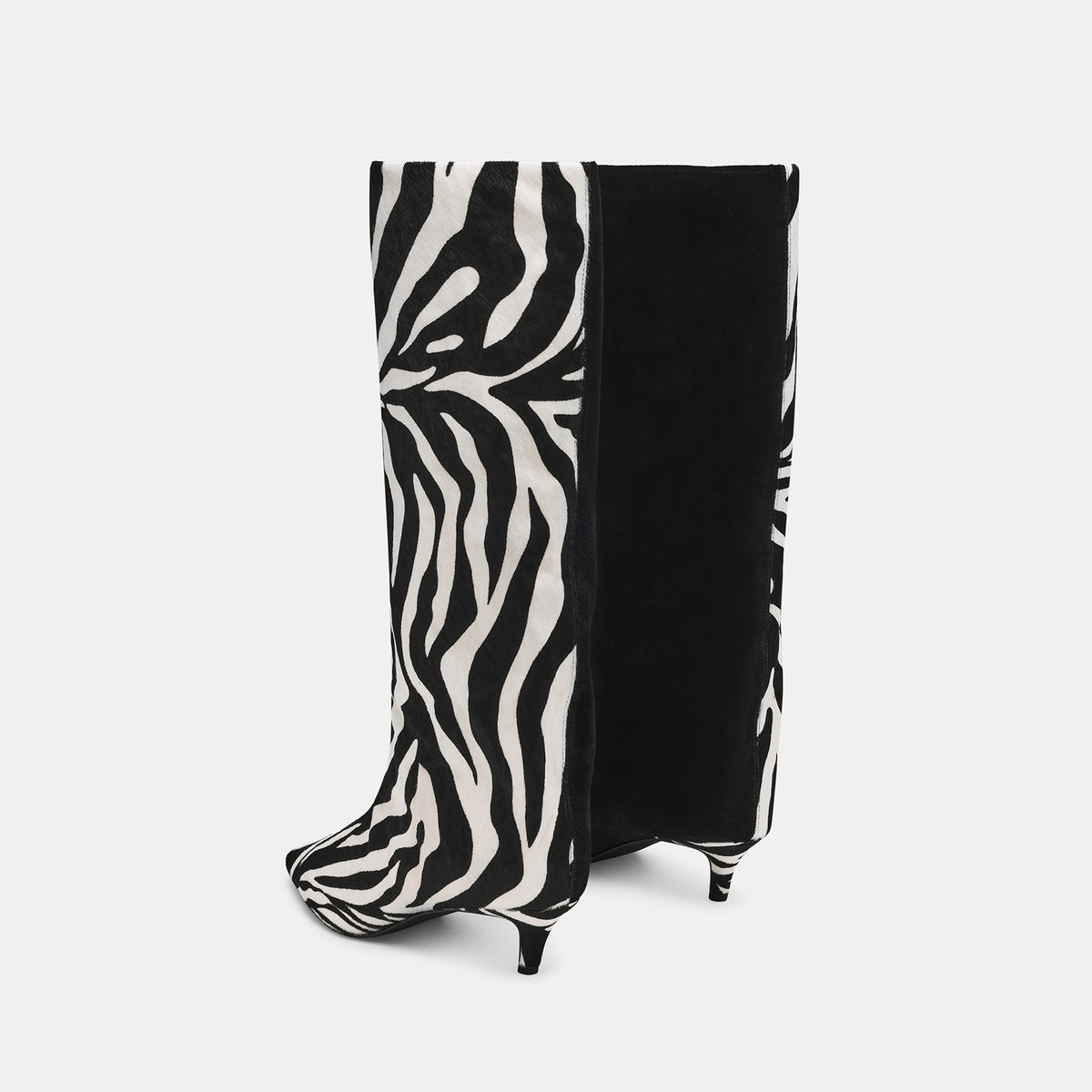 Black Faux Suede And Zebra Pattern Vegan Leather Pointed-Toe Wide Calf Knee High Stiletto Boots
