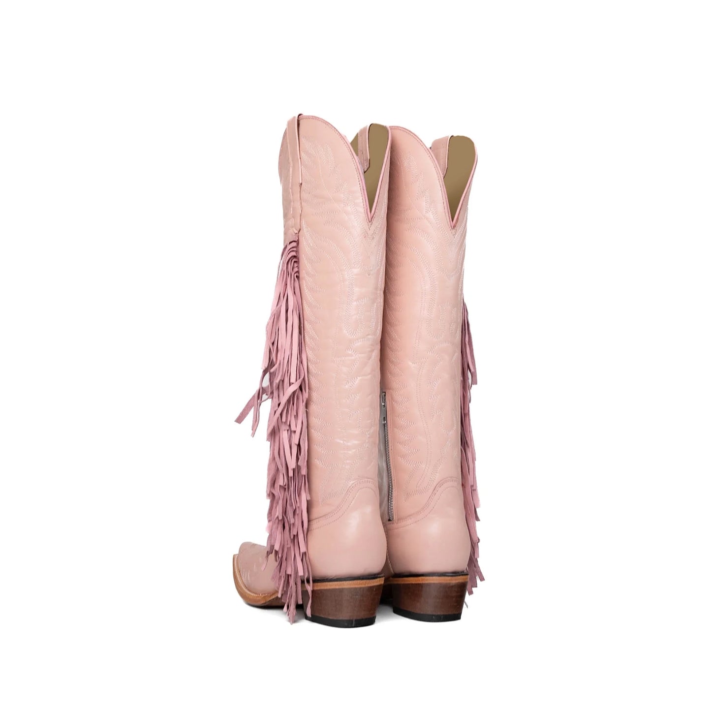 Pink Snip-Toe Embroidery Side Fringe Half-Zip Knee High Cowgirl Boots