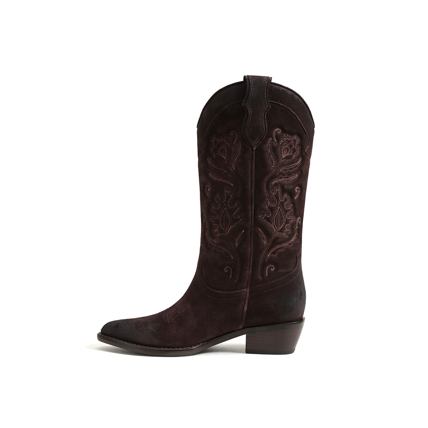 Coffee Faux Suede Almond-Toe Flowers Embroidery Mid Calf Cowgirl Boots
