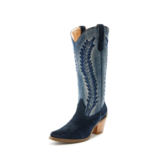 Contrast Blue Denim and Navy Faux Suede Snip-Toe Embroidery Knee High Cowgirl Boots
