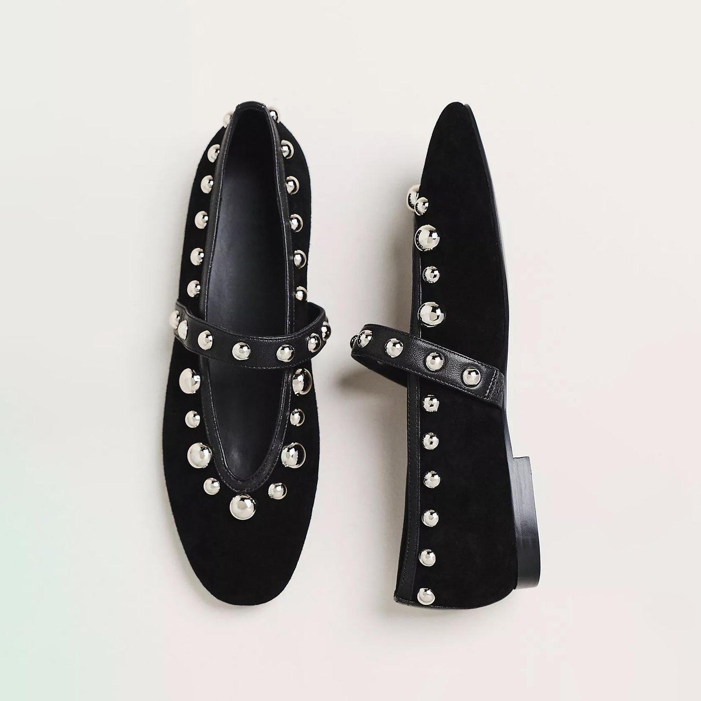 Black Faux Suede Round-Toe Studded Ballet Flats With Bridge Strap