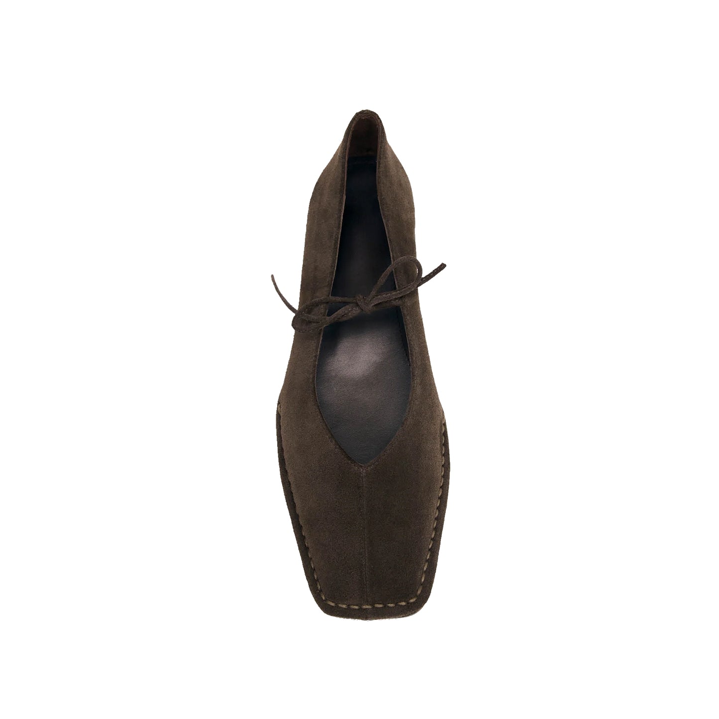 Coffee Faux Suede Square-Toe V-Cut Vamps Bridge Self-Tie Bow Ballet Flats