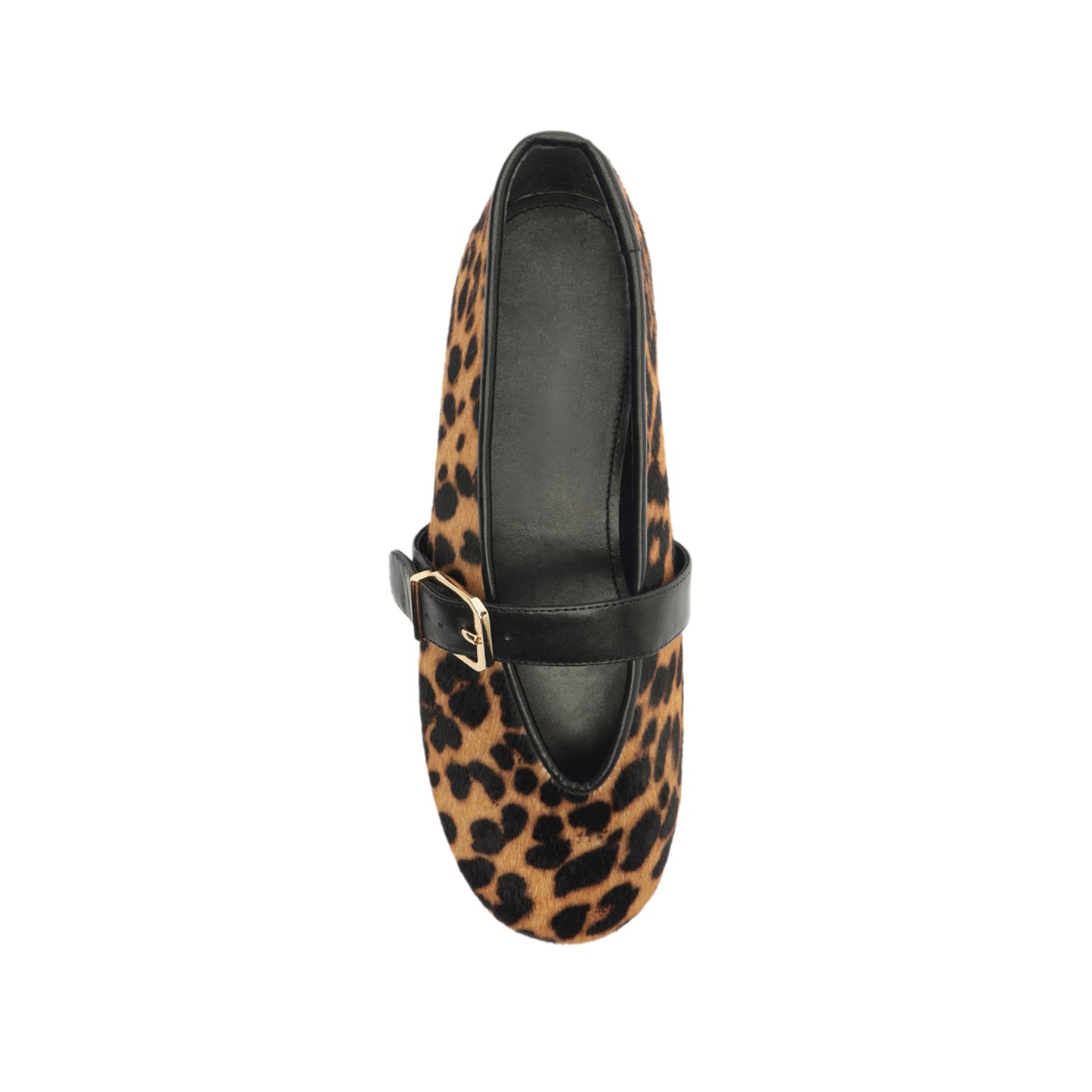 Leopard Pony Hair Round-Toe Bridge Strap Buckle Flats