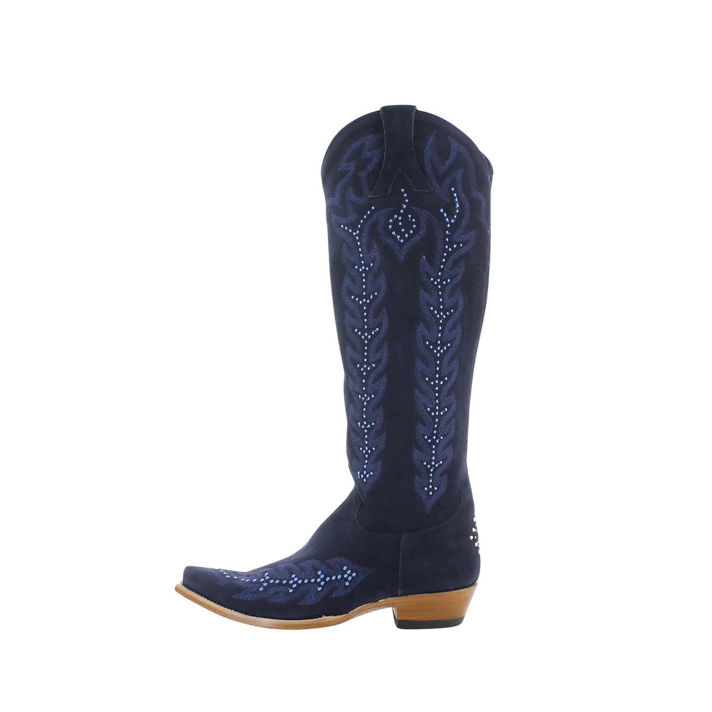 Dark Blue Faux Suede Snip-Toe Half-Zip Embroidery Knee High Cowgirl Boots
