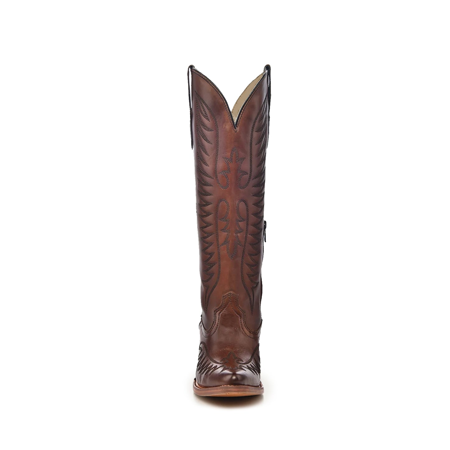 Cognac Almond-Toe Embroidery Wide Calf Knee High Cowgirl Boots