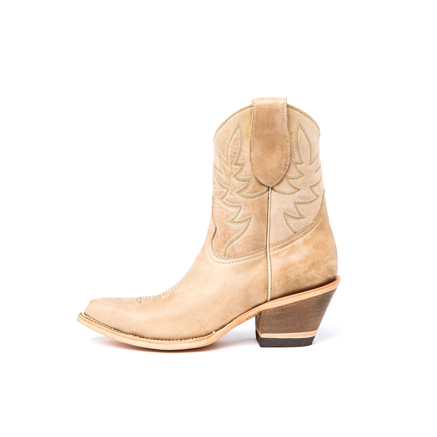 Sand Almond-Toe Embroidery Ankle Cowgirl Boots