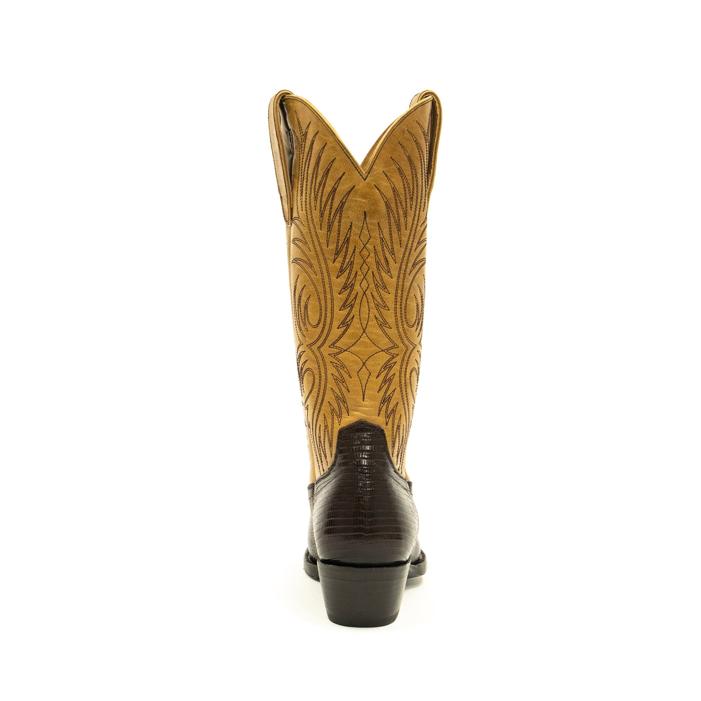 Contrast Tan And Chocolate Lizard Print Snip-Toe Embroidery Mid Calf Cowgirl Boots
