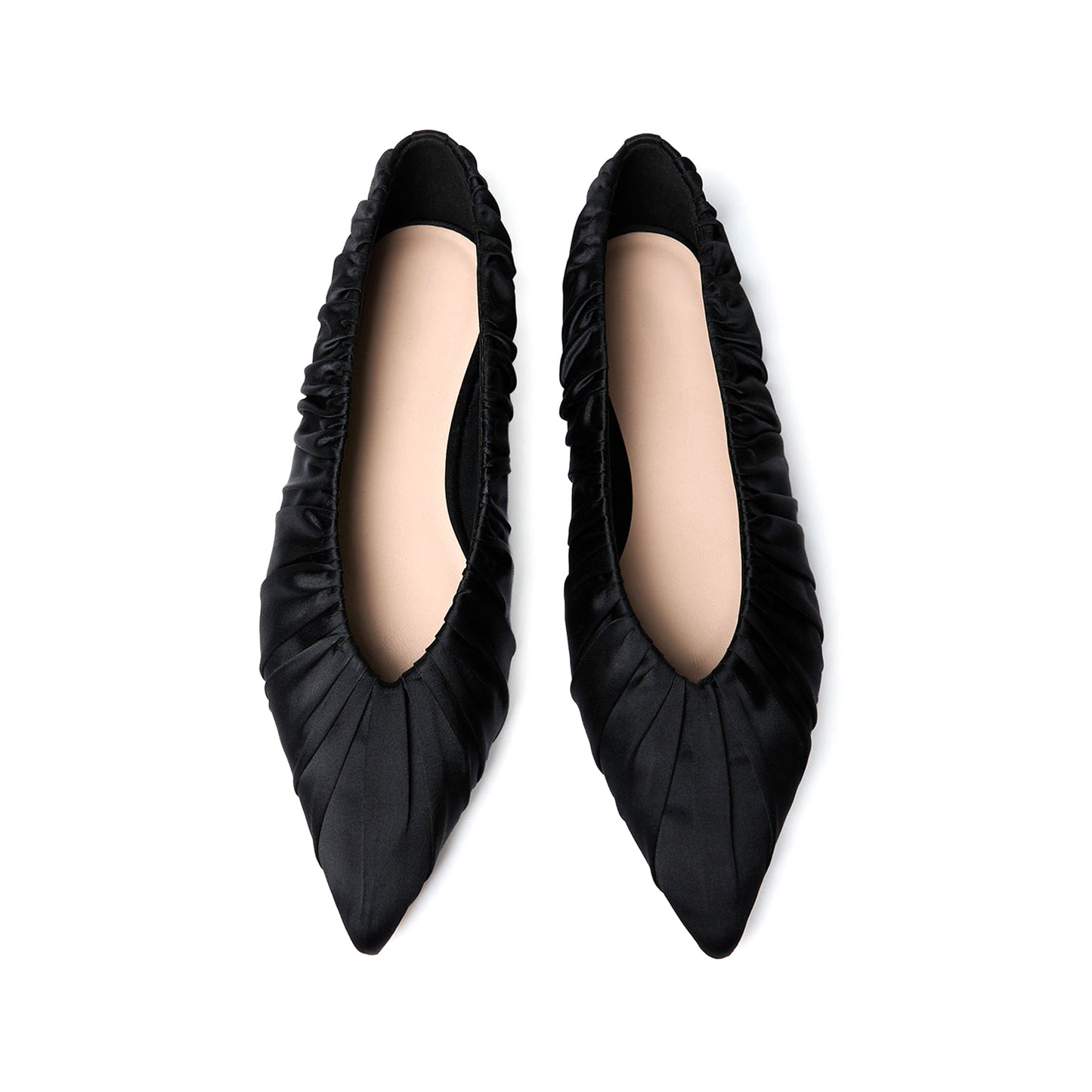 Black Satin Pointed-Toe Smocked Detail Slip-On Flats