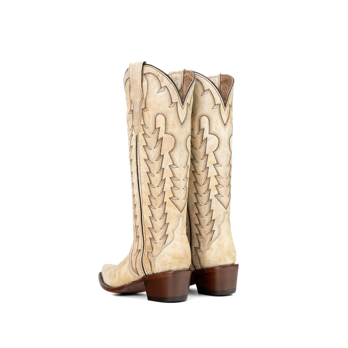 Distressed Bone Snip-Toe Embroidery Wide Calf Knee High Cowgirl Boots