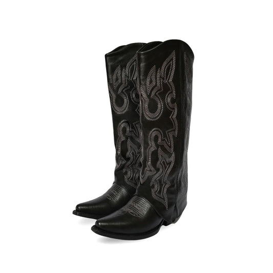 Black Snip-Toe Embroidery Fold-Over Wide Calf Knee High Cowgirl Boots