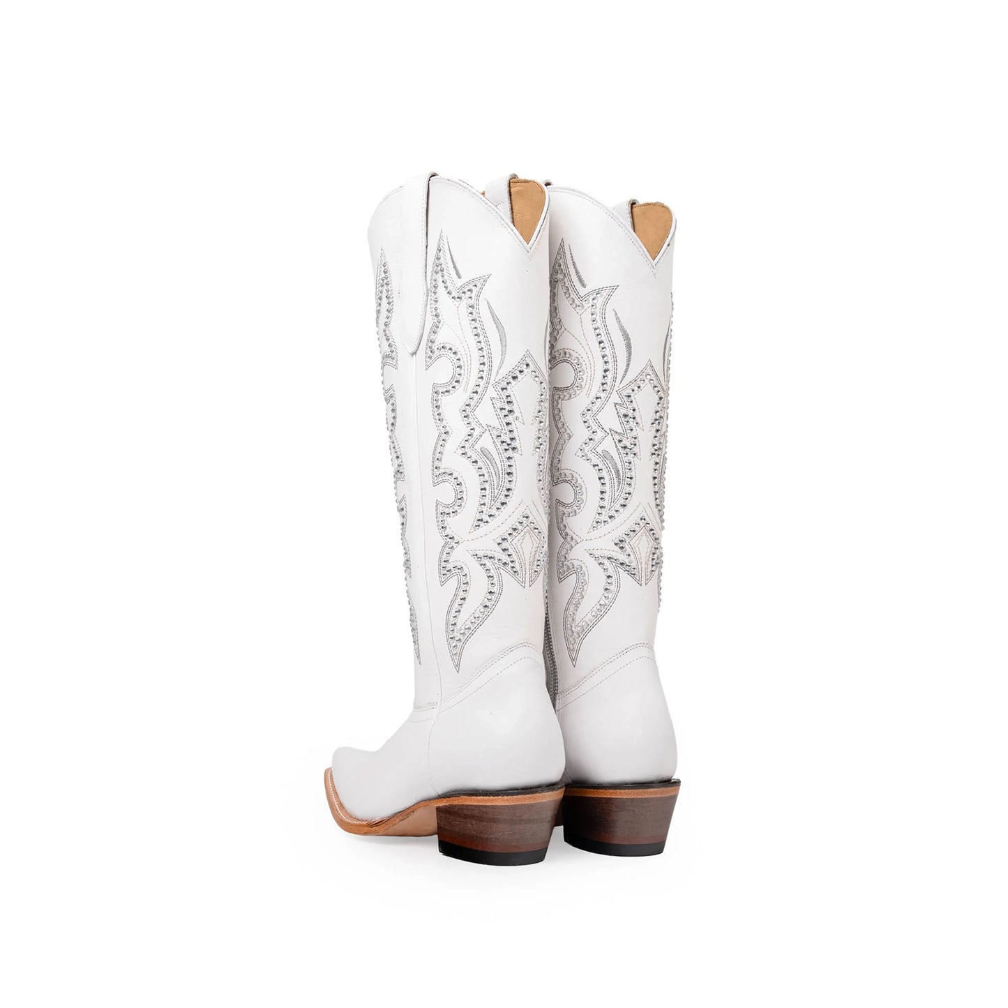 White Snip-Toe Rhinestone And Embroidery Half-Zip Knee High Cowgirl Boots