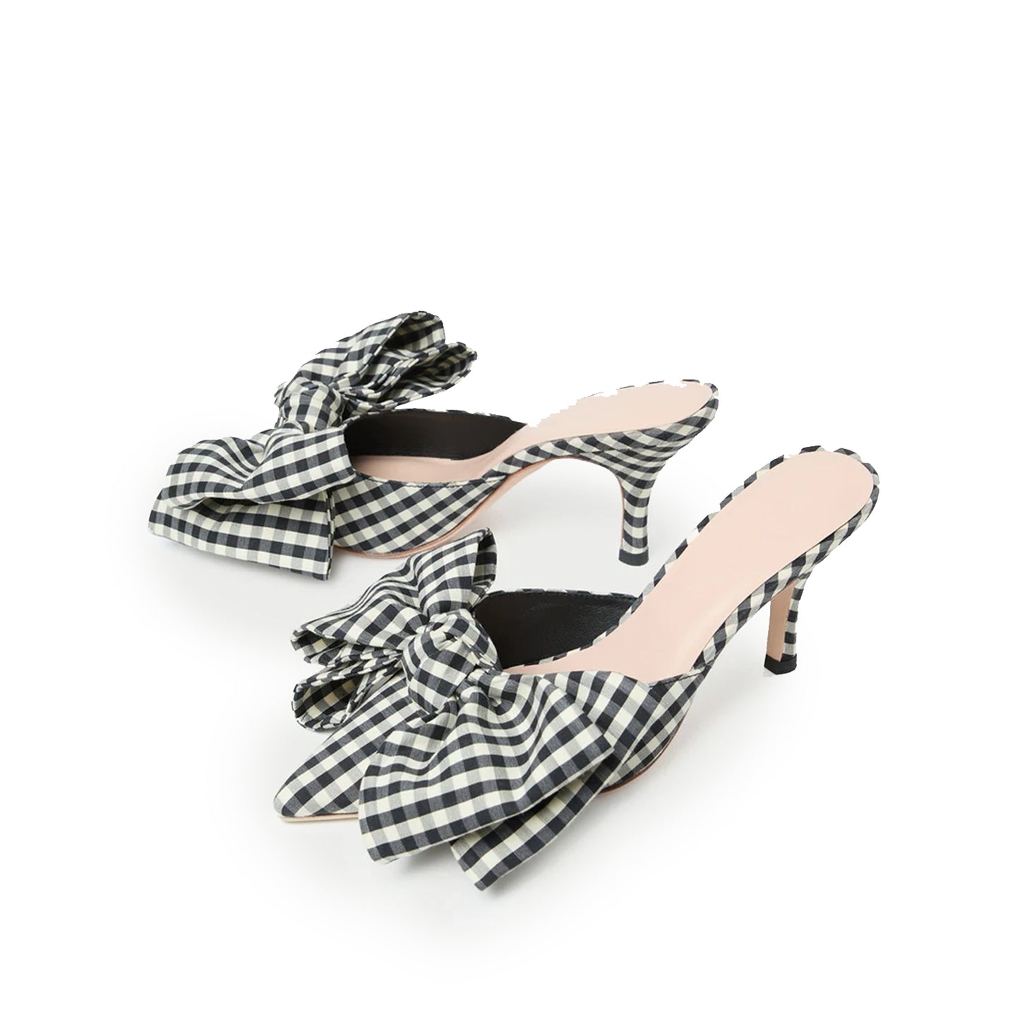 Gingham Satin Pointed-Toe Front Big Bow High Heels