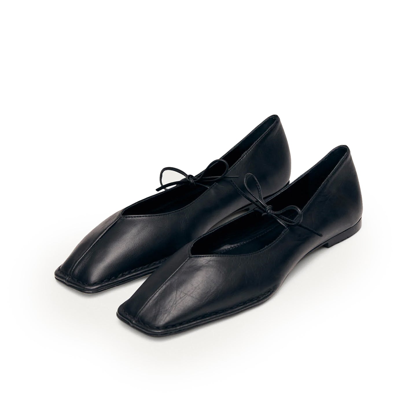Black Square-Toe V-Cut Vamps Bridge Self-Tie Bow Ballet Flats