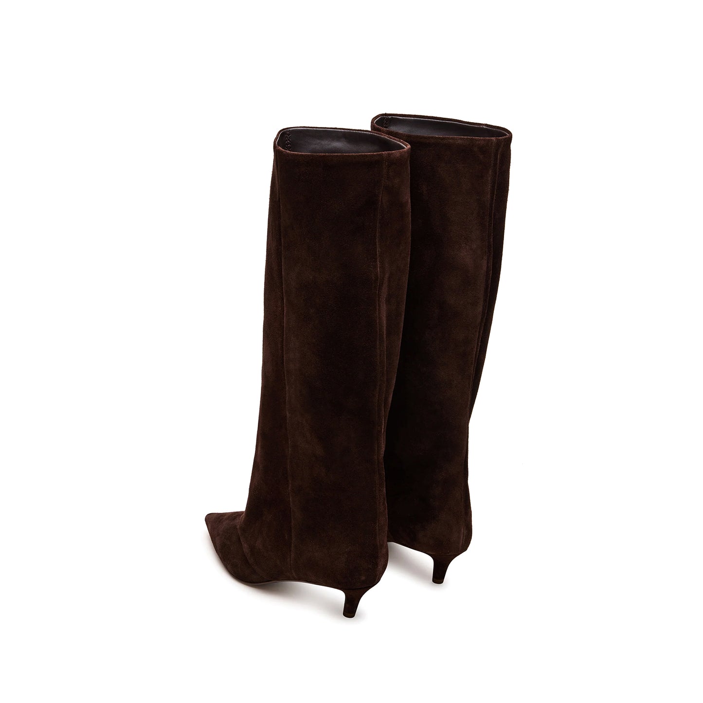Brown Faux Suede Pointed-Toe Fold-Over Wide Calf Knee High Stiletto Boots