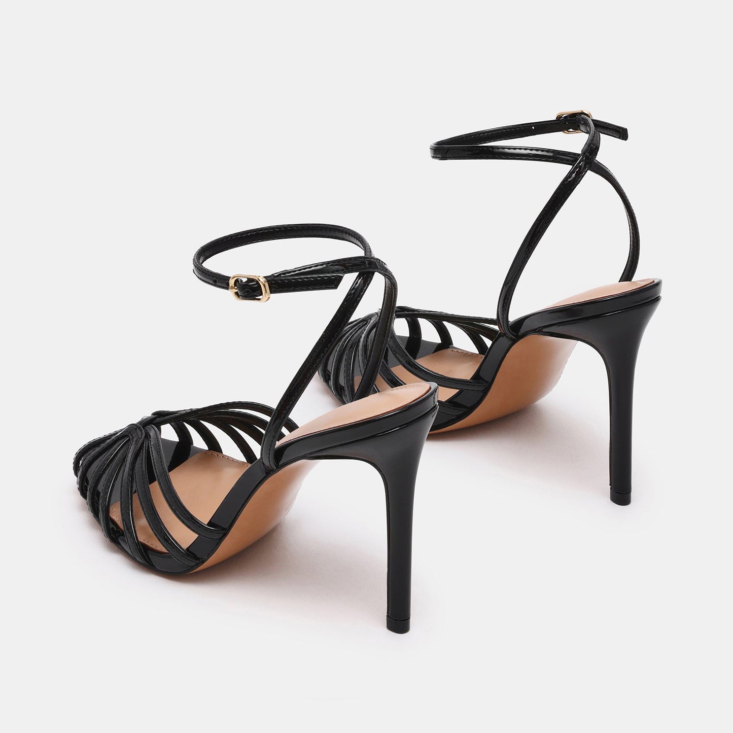 Patent Black Round-Toe Strappy Ankle And Back Straps Stiletto Heels