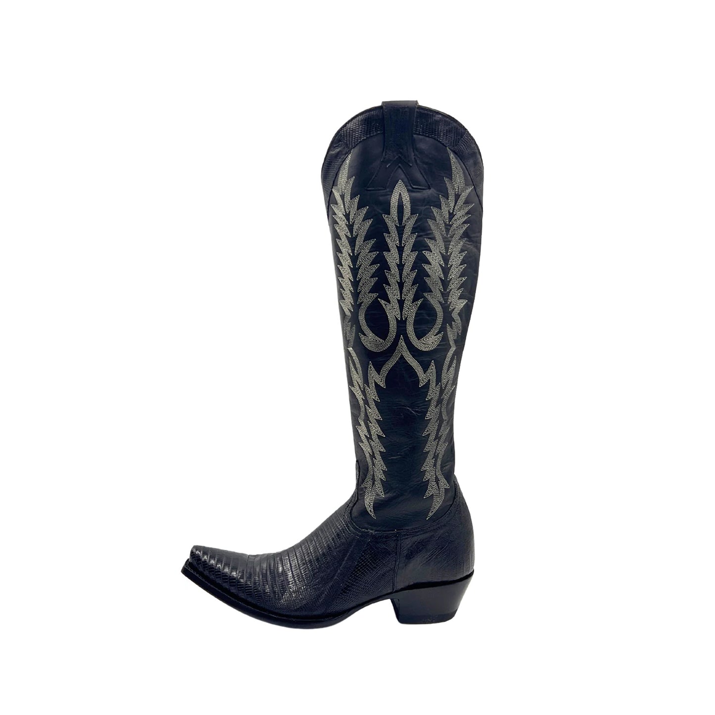 Black Lizard-Patterned Snip-Toe Embroidery Half-Zip Knee High Cowgirl Boots