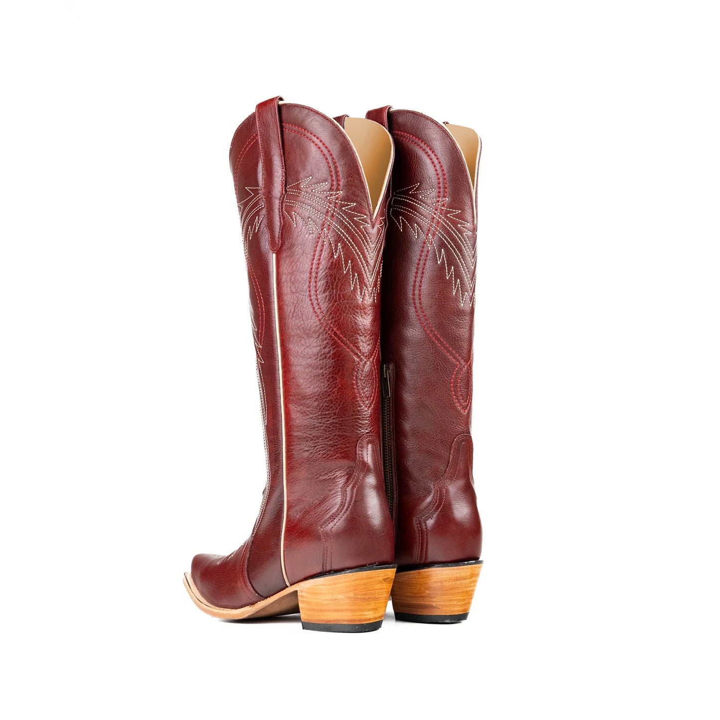 Wine Red Snip-Toe Half-Zip Double Embroidery Knee High Cowgirl Boots
