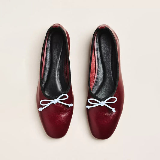 Wine Red Square-Toe Slip-On Front Bow Classic Ballet Flats
