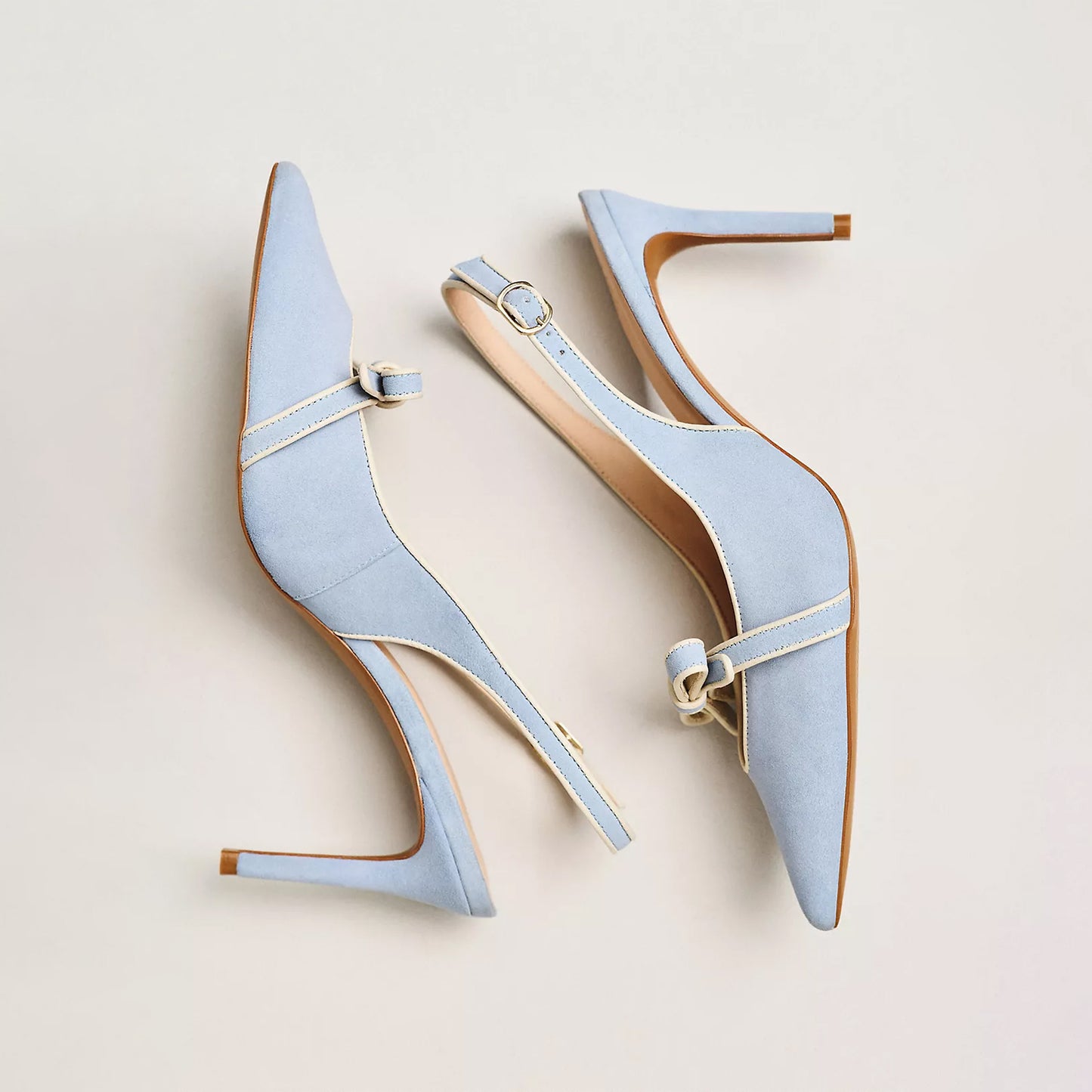 Blue Suede Pointed-Toe Front Bow Slingback Ankle Strap Kitten Heels