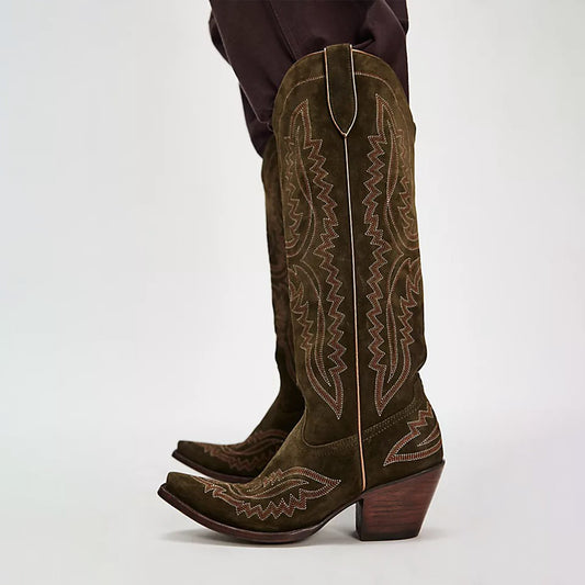 Olive Green Faux Suede Snip-Toe Embroidery Half-Zip Knee High Cowgirl Boots