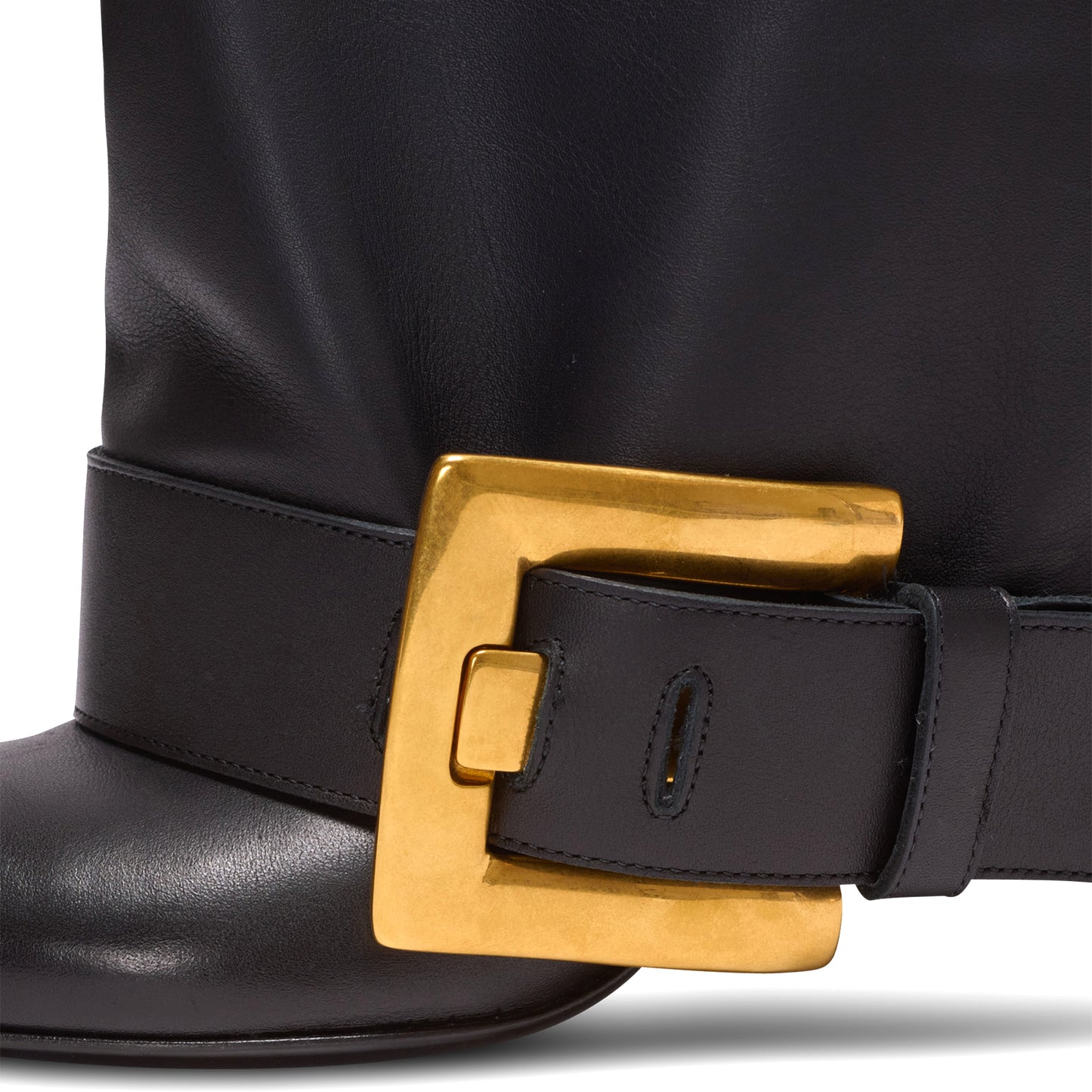 Black Pointed-Toe Bottom Buckle Fold-Over Wide Calf Knee High Stiletto Boots