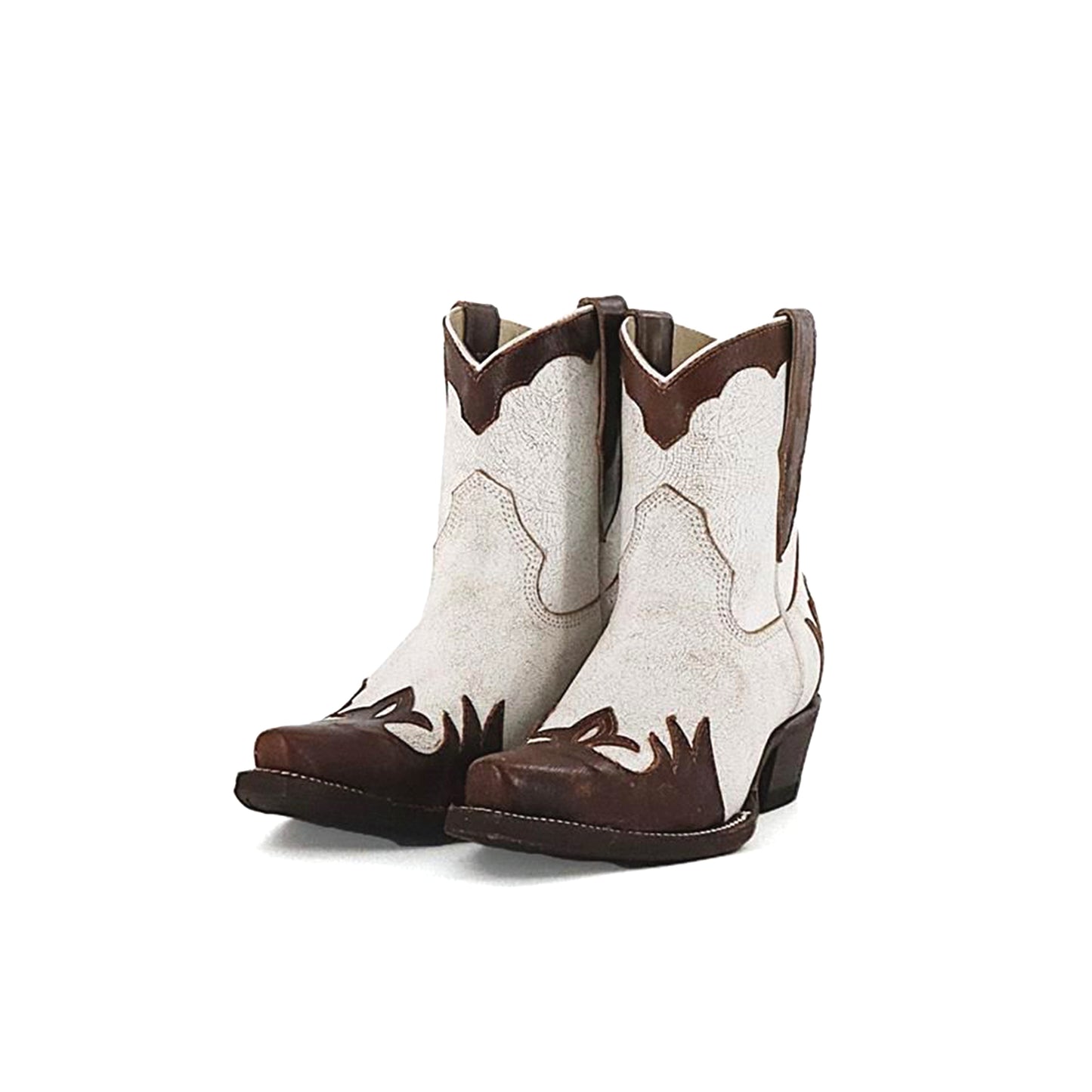 Distressed Contrast White And Brown Snip-Toe Ankle Cowgirl Boots