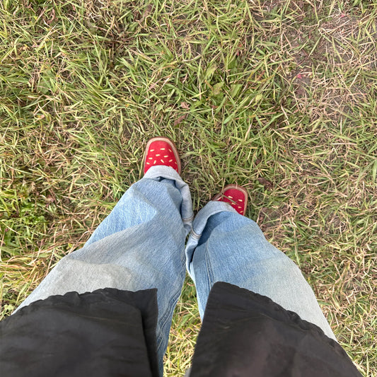 Red Faux Suede Square-Toe Strawberry-Like Mid Calf Cowgirl Boots