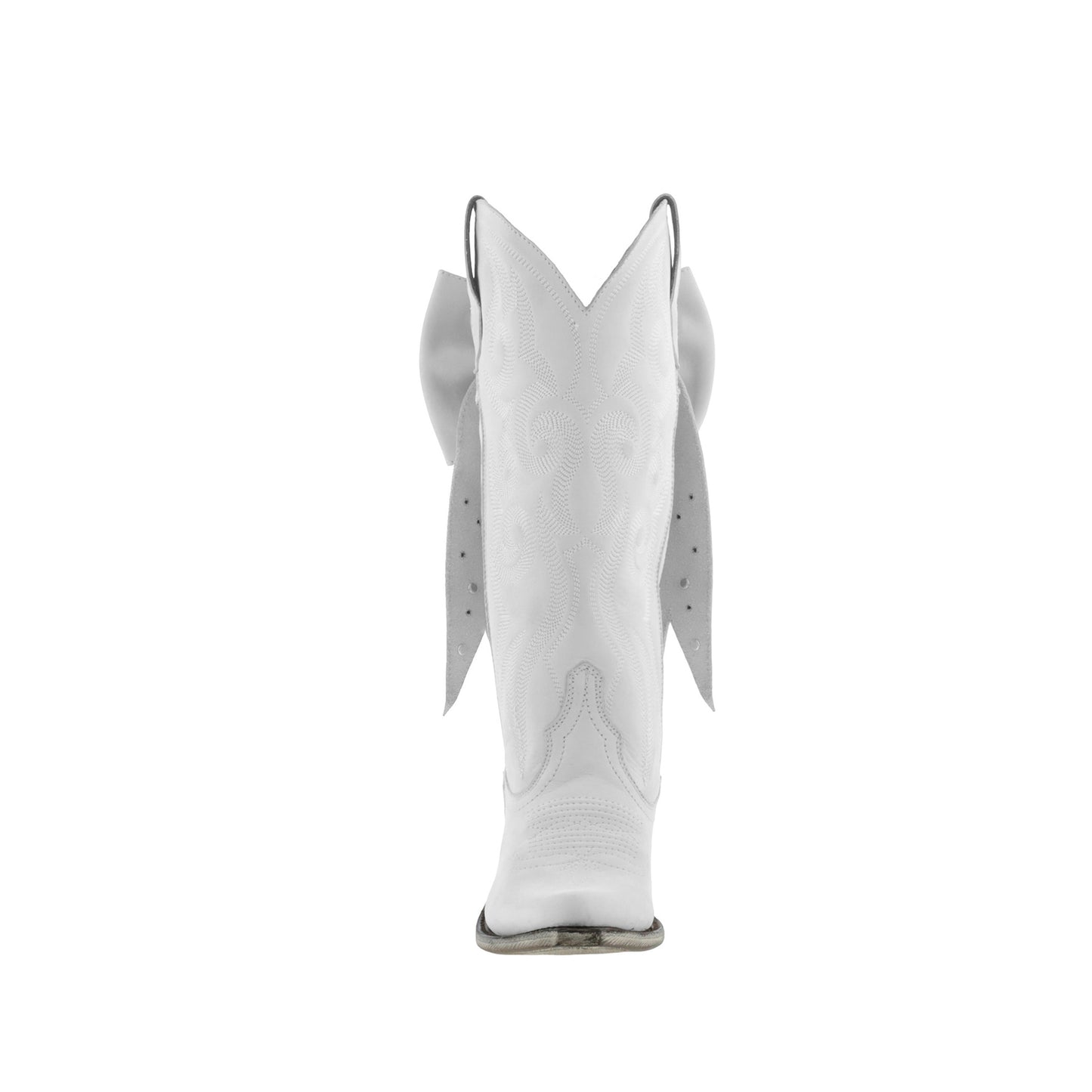 White Pointed-Toe Embroidery Back Studded Bow Mid Calf Cowgirl Boots