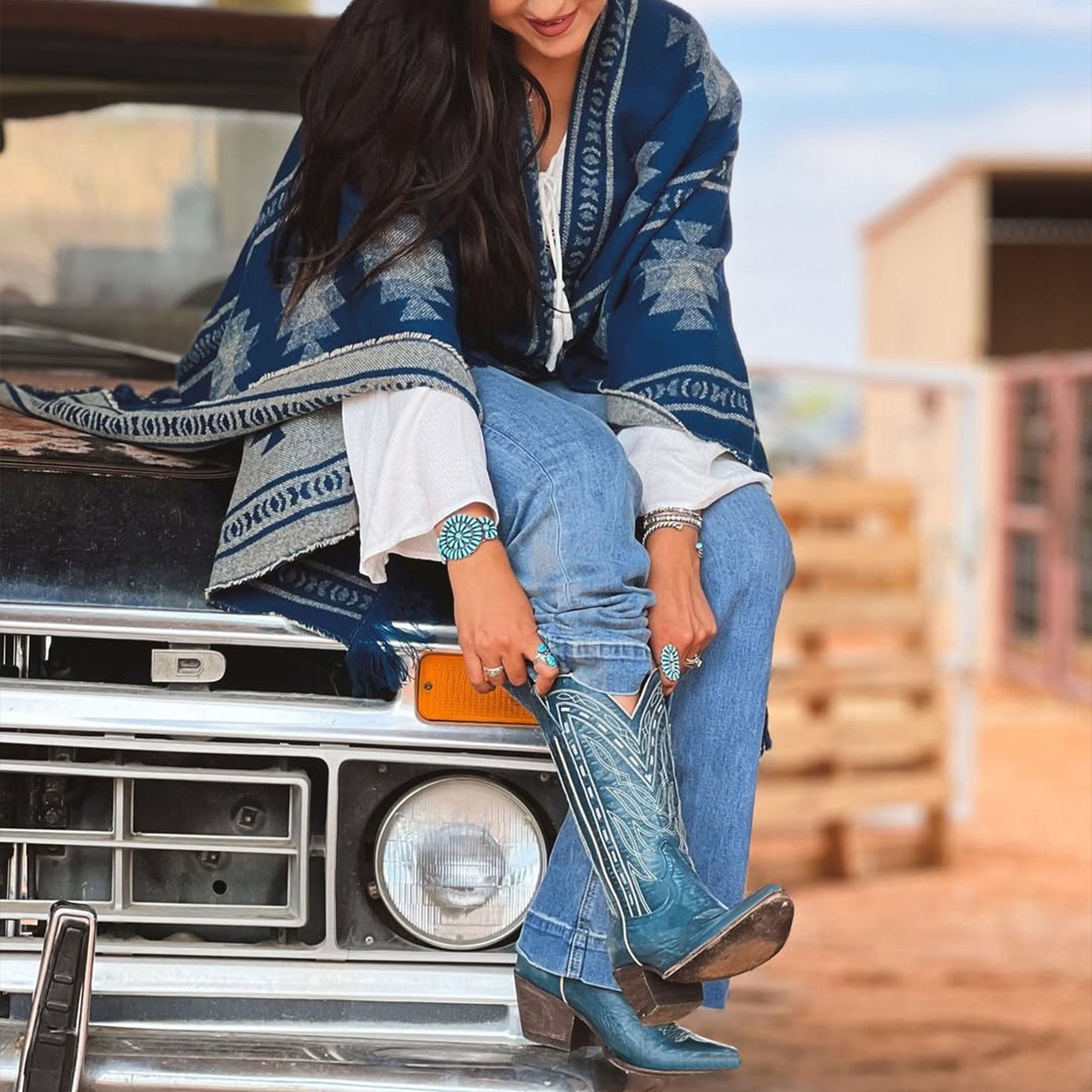 Teal Pointed-Toe Western Embroidery Mid Calf Cowgirl Boots