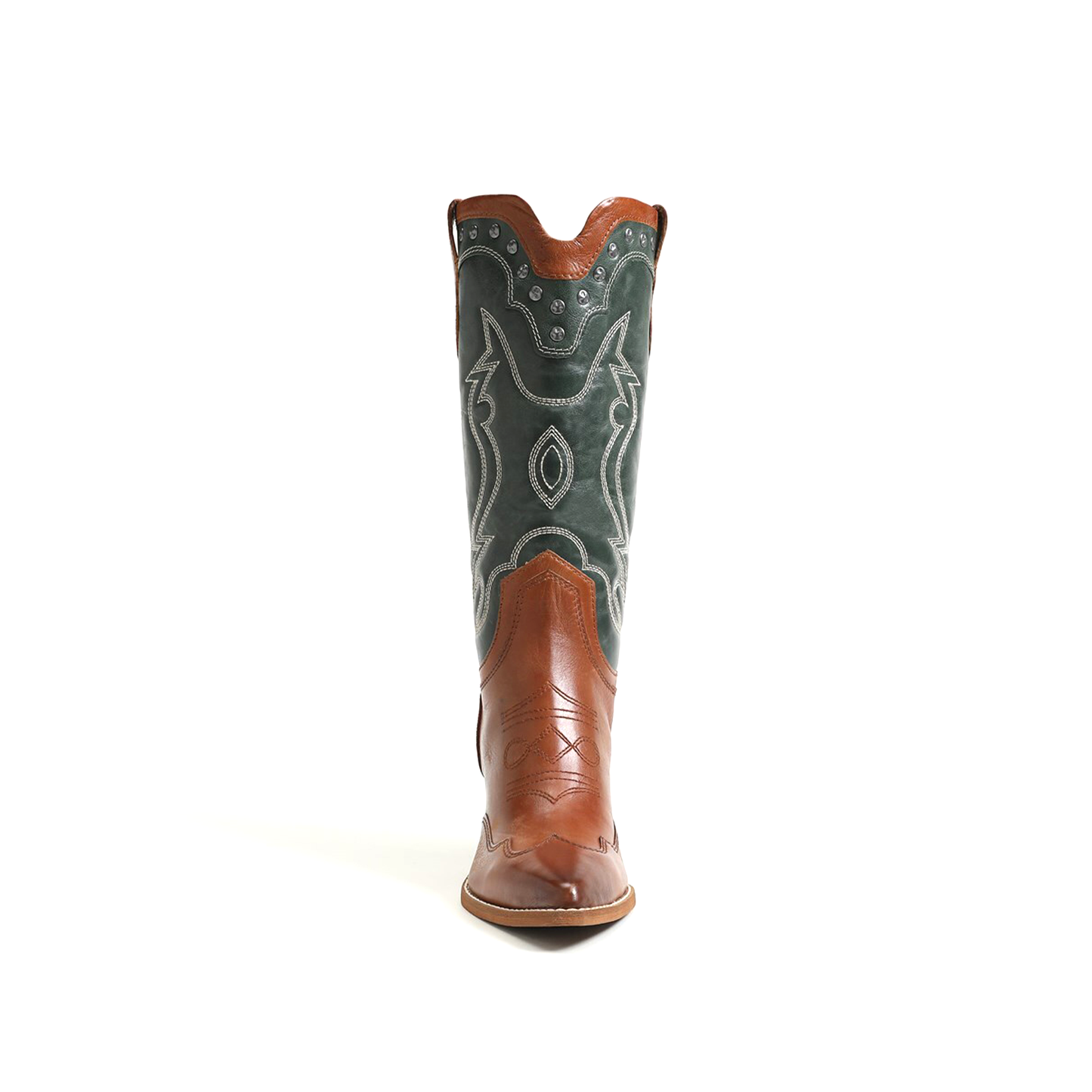 Contrast Green And Copper Pointed-Toe Embroidery Wide Calf Knee High Cowgirl Boots