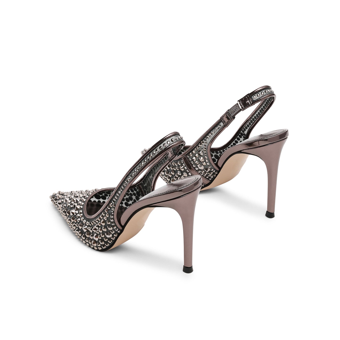 Pewter Mesh With Rhinestones Pointed-Toe Slingback High Heels Pumps