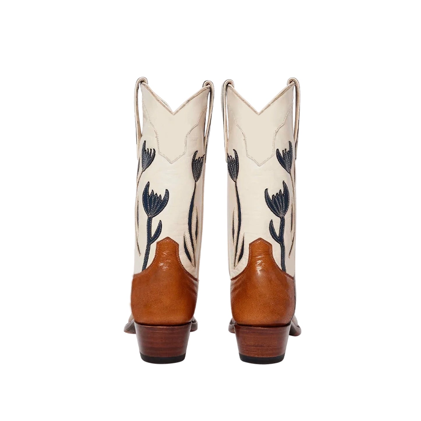 Contrast Cream And Brown Snip-Toe Navy Tulip Inlay Mid Calf Cowgirl Boots